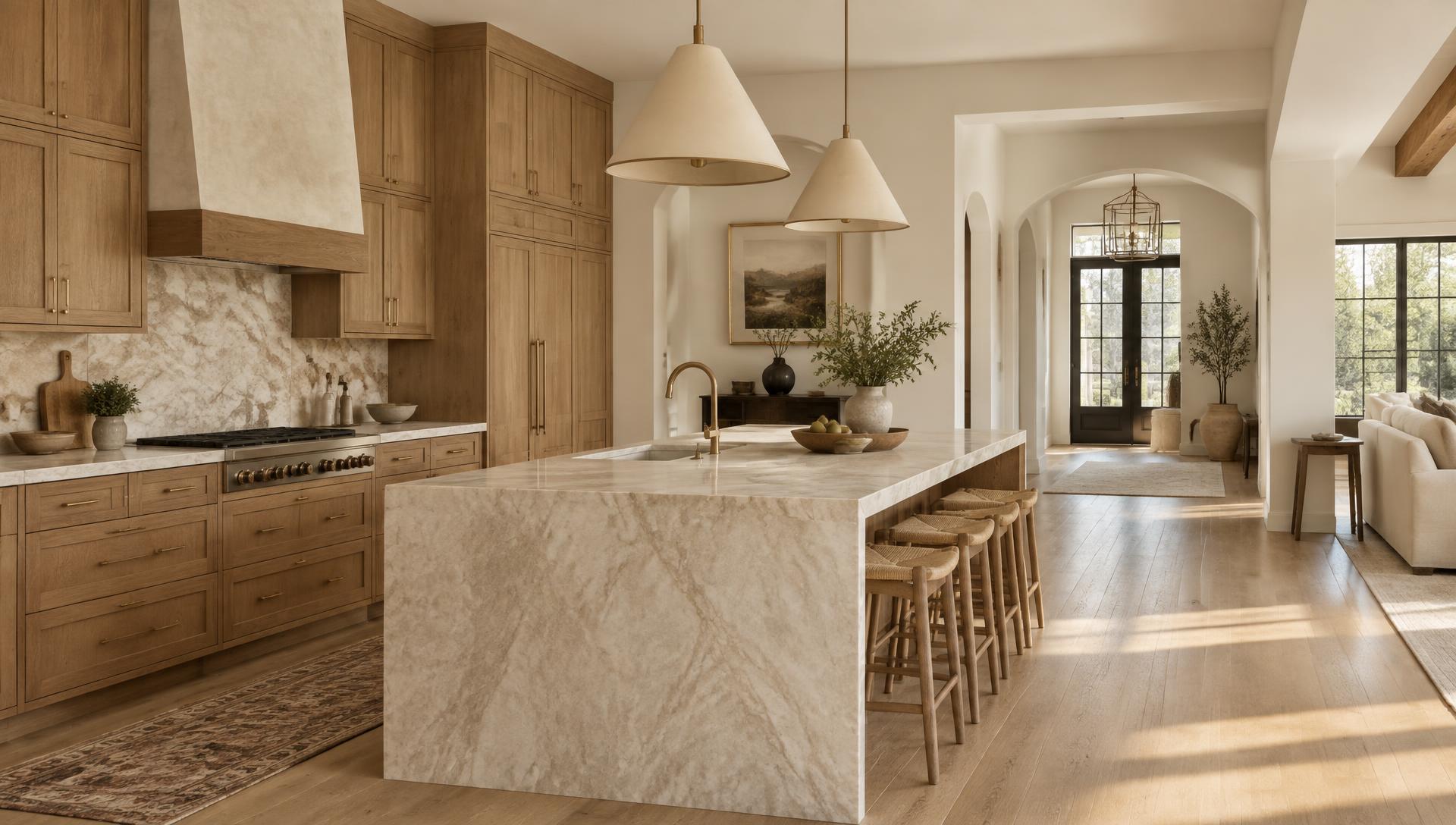 Kitchen with oak cabinetry and a stone island