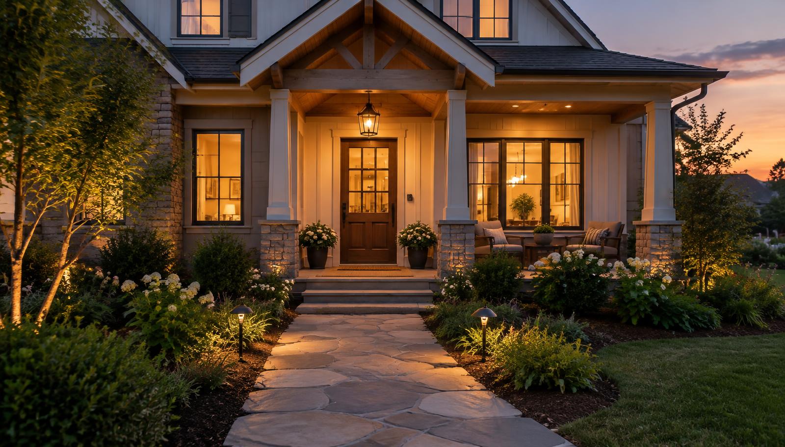 Front porch of a new home at dusk